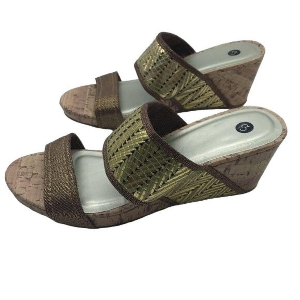 Dress Barn Cork Wedge Heels Sandals Women 10 Gold Brown 3" Beaded Quiet Luxury